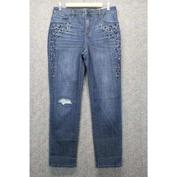 Chico's 1R So Slimming Girlfriend Ankle Straigh Jeans Patches Rhinestones New - Picture 1 of 7